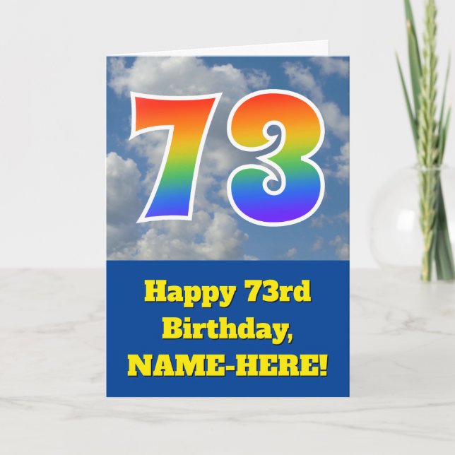 Tarjeta Cielo azul turbio, patrón arcoiris "73" Cumpleaños (Anverso)
