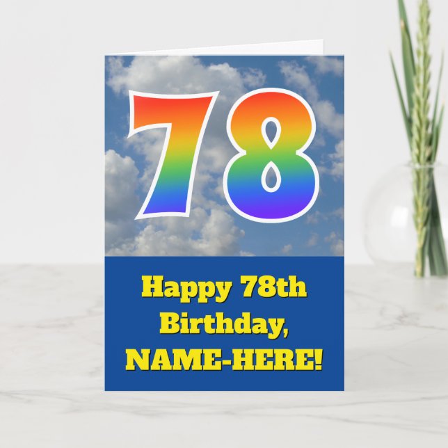 Tarjeta Cielo azul turbio, patrón arcoiris "78" Cumpleaños (Anverso)