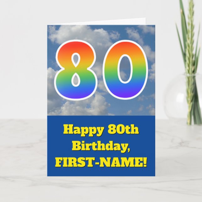 Tarjeta Cielo azul turbio, patrón arcoiris "80" Cumpleaños (Anverso)
