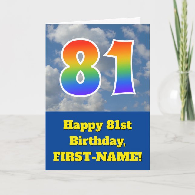 Tarjeta Cielo azul turbio, patrón arcoiris "81" Cumpleaños (Anverso)