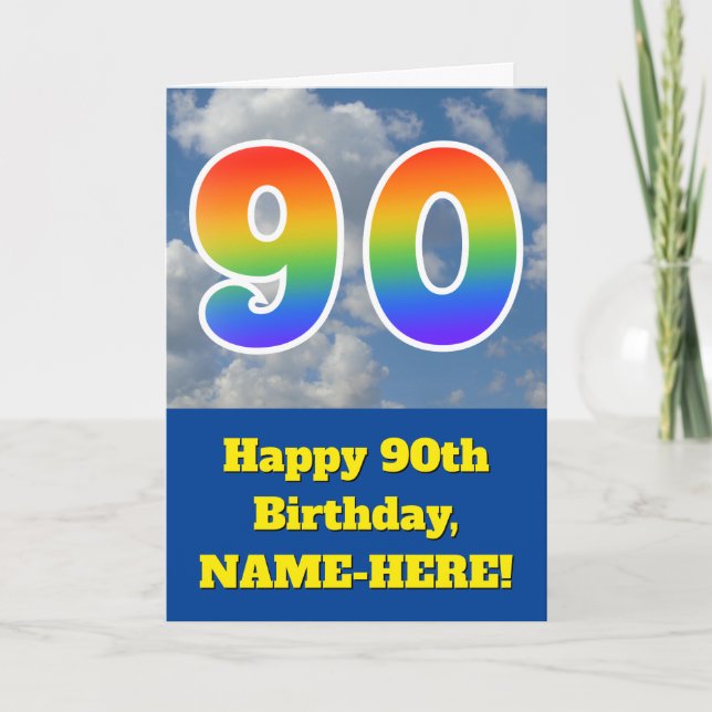 Tarjeta Cielo azul turbio, patrón arcoiris "90" Cumpleaños (Anverso)