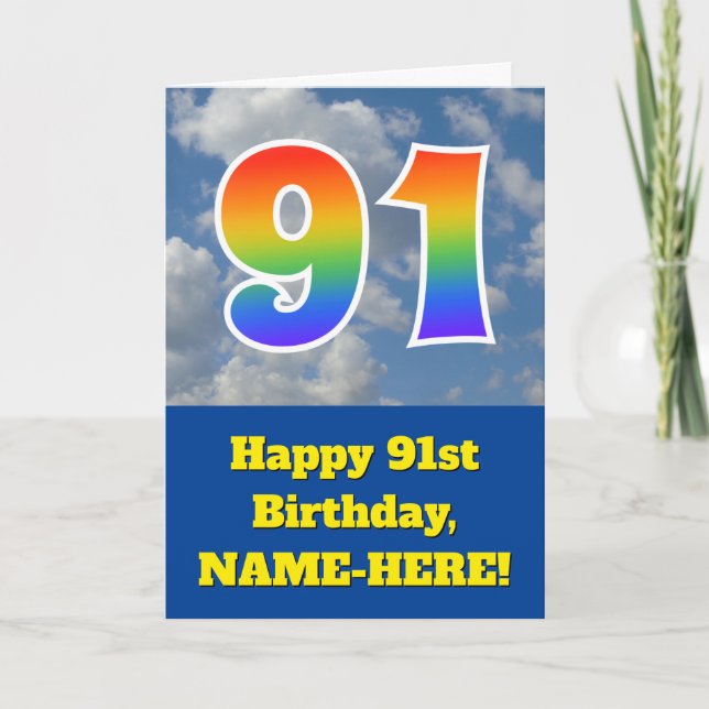 Tarjeta Cielo azul turbio, patrón arcoiris "91" Cumpleaños (Anverso)