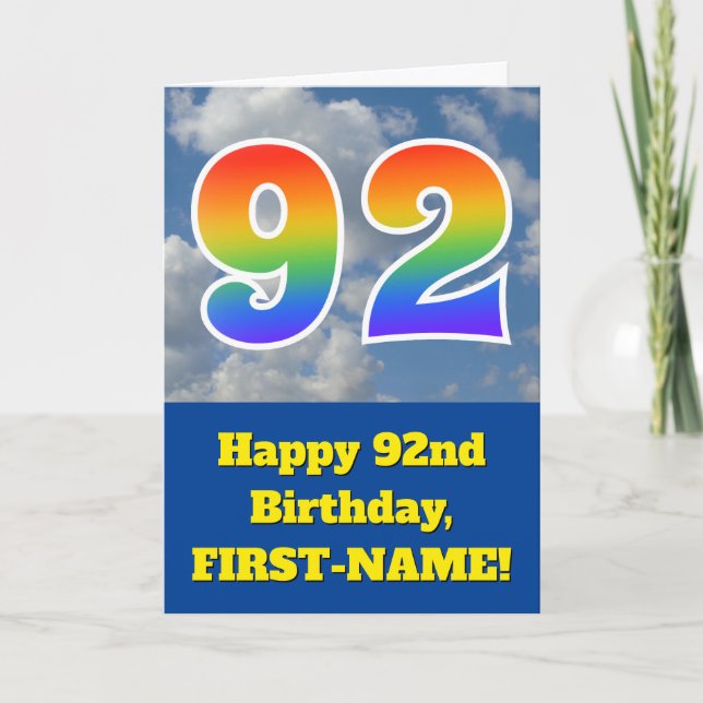 Tarjeta Cielo azul turbio, patrón arcoiris "92" Cumpleaños (Anverso)
