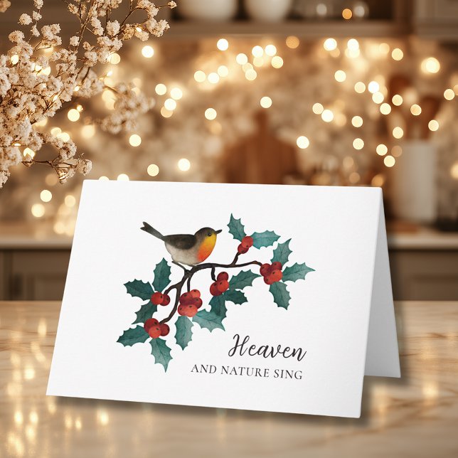 Tarjeta Cielo y Naturaleza Cantan Pájaro de Invierno Acebo (Heaven and Nature Sing Winter Bird Holly Folded Christmas Holiday Card)