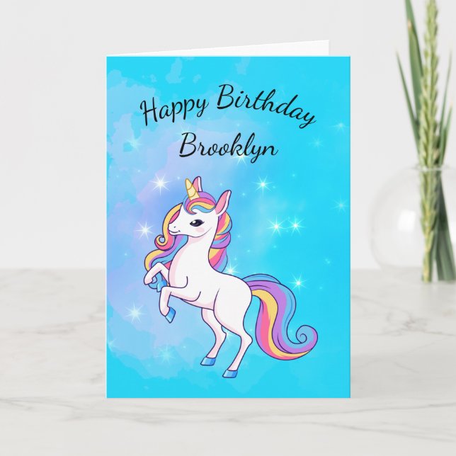 Tarjeta Cielos rosas y acuáticos magníficos unicornio cump (Anverso)