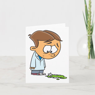 Tarjeta Científico Niño Triste con Experimento Fallido