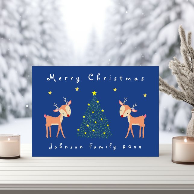 Tarjeta Ciervo Adorable con Árbol de Navidad y Estrellas (Subido por el creador)