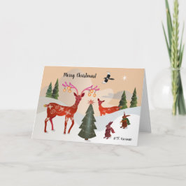 Tarjeta Ciervo común, conejitos, navidad de la urraca