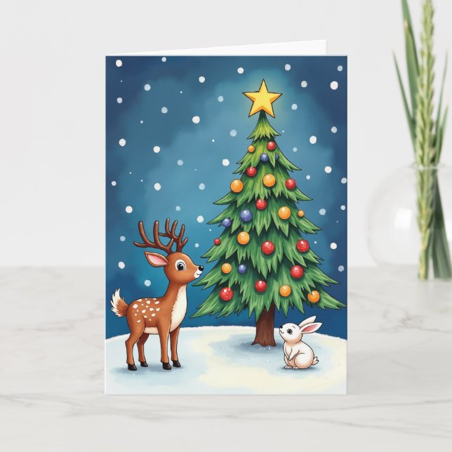 Tarjeta Ciervo conejo de Navidad nevado (Anverso)