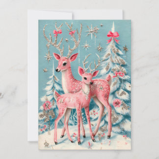Tarjeta Ciervo Coqueta Rosa Navidad Vintage 