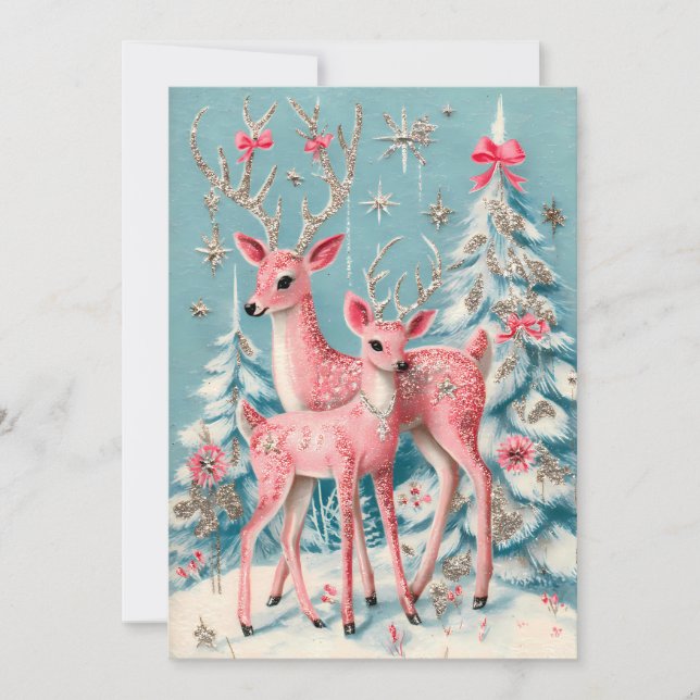 Tarjeta Ciervo Coqueta Rosa Navidad Vintage  (Anverso)