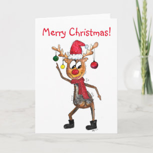 Tarjeta Ciervo de Navidad bailando caprichoso lindo