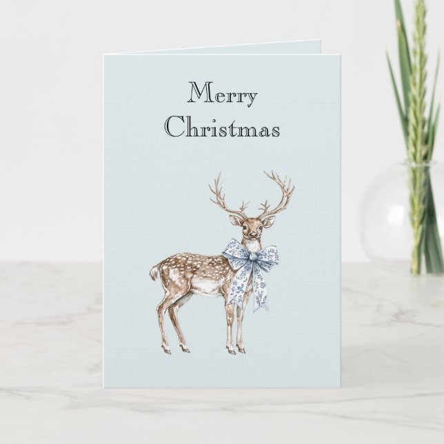 Tarjeta Ciervo de Navidad con Lazo Blanco Azul (Anverso)