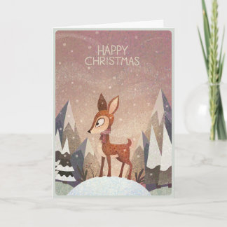 Tarjeta Ciervo festivo. Navidad profunda y nevada del bosq