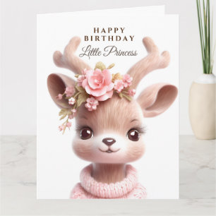 Tarjeta Ciervo lindo, cervatillo con vestido rosa y flores