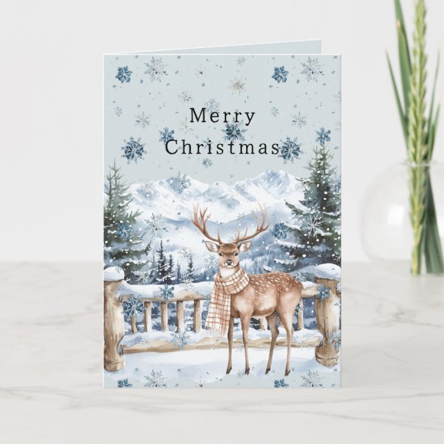 Tarjeta Ciervos de Navidad Copos de Nieve Azules (Anverso)