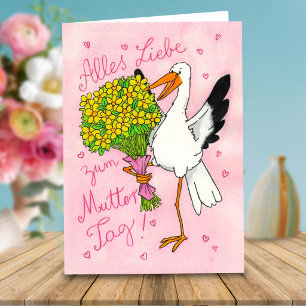 Tarjeta Cigüeña rosa alemana del día de la madre con flore