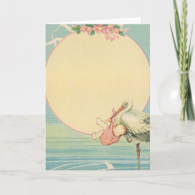 Tarjeta Cigüeña vintage con niña en manta rosa (Anverso)