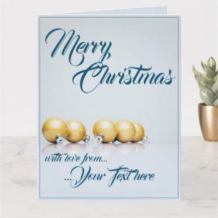 Tarjeta Cinco bolas de navidades dorados - escritura azul