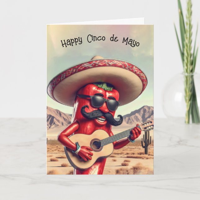 Tarjeta Cinco de Mayo: Guitarista de Pepper Chili Rojo (Anverso)