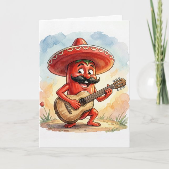 Tarjeta Cinco de Mayo Red Chili Pepper Guitarist (Anverso)