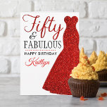 Tarjeta Cincuenta y fabuloso cumpleaños número 50<br><div class="desc">Envíe un saludo de cumpleaños personalizado con este elegante vestido de purpurina rojo cincuenta y fabulosa tarjeta de 50 años. El nombre en la parte delantera puede ser fácilmente personalizado para esa persona especial y el mensaje en el interior de la tarjeta también puede ser personalizado.</div>