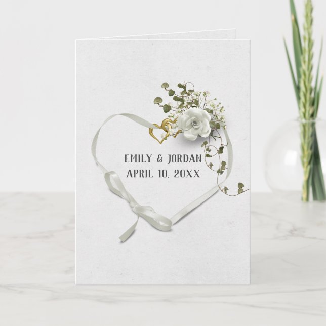 Tarjeta Cinta boda y anillos de corazón dorado (Anverso)