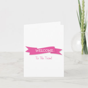 Tarjeta Cinta rosa con bienvenida de borde blanco