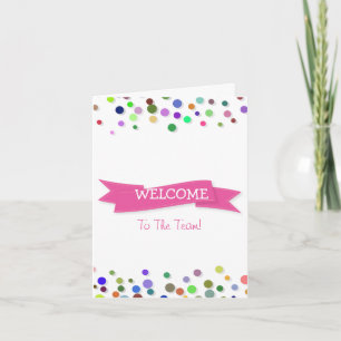 Tarjeta Cinta rosa con bienvenida de Polkadots en la front
