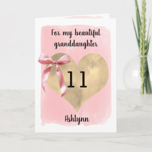 Tarjeta Cinta Rosa Corazón de Oro Cumpleaños 11 Nieta