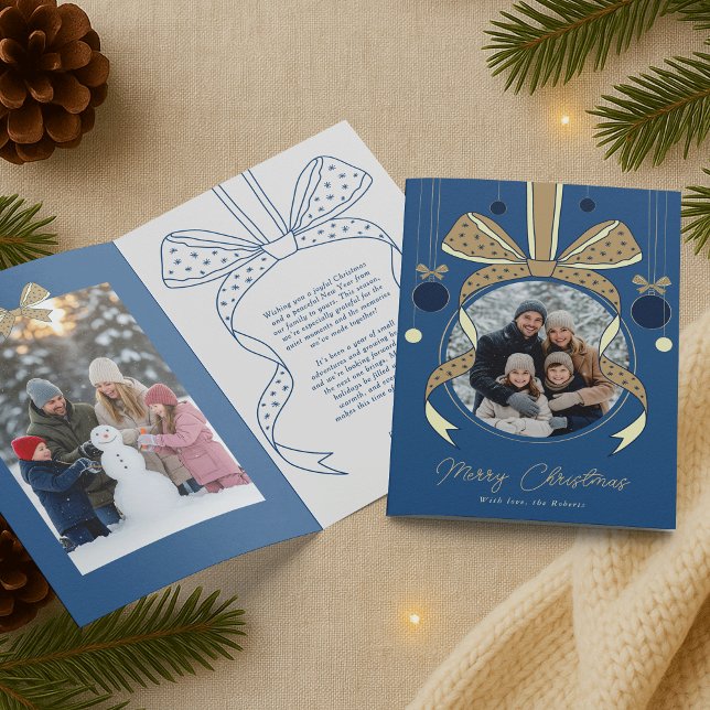 Tarjeta Cinta única de Navidad con dos fotos (elegant whimsical bows and Christmas ornament photo holiday greeting cards in blue & cream)