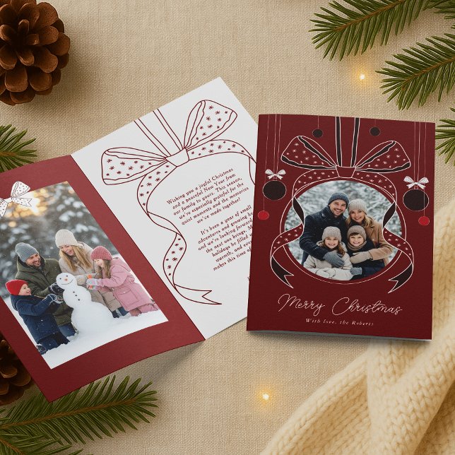 Tarjeta Cinta única de Navidad con dos fotos (elegant whimsical bows and Christmas ornament photo holiday greeting cards in red & white)