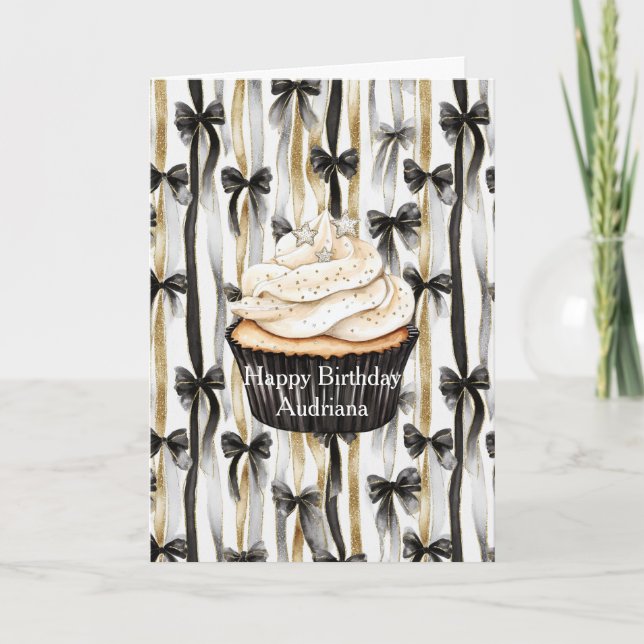 Tarjeta Cintas y lazos dorados plateados y negros de cumpl (Anverso)