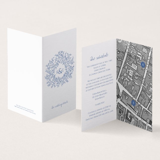 Tarjeta Círculo de hojas direcciones bodas azul blanco (Interior y exterior)