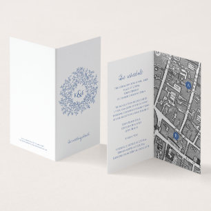 Tarjeta Círculo de hojas direcciones bodas azul blanco