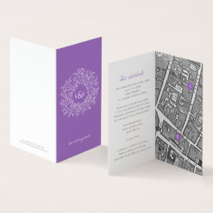 Tarjeta Círculo de hojas púrpura mapa de boda y detalles