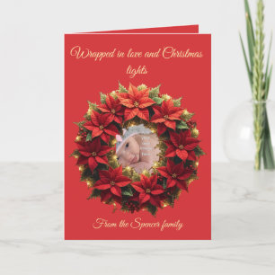 Tarjeta Círculo festivo de poinsettia rojo brillante y fol