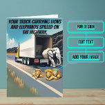 Tarjeta Circus Spill Truck Driver Funny Cumpleaños<br><div class="desc">¿Necesita una tarjeta de cumpleaños única para ese amigo suyo que se dedica a conducir camiones? Esta gran tarjeta es única y colorida y cuenta con un chiste sobre un conductor de camión que derrama una carga de animales de circo. Lo siguen con un mensaje sincero. Dentro hemos escrito justo...</div>