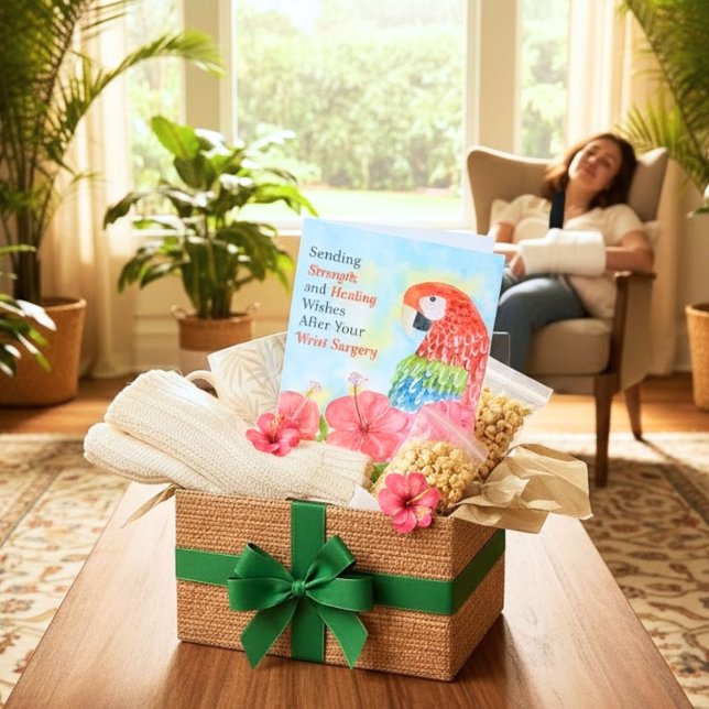 Tarjeta Cirugía de muñeca Sanando Guacamayas Rojas, Hibisc (Subido por el creador)