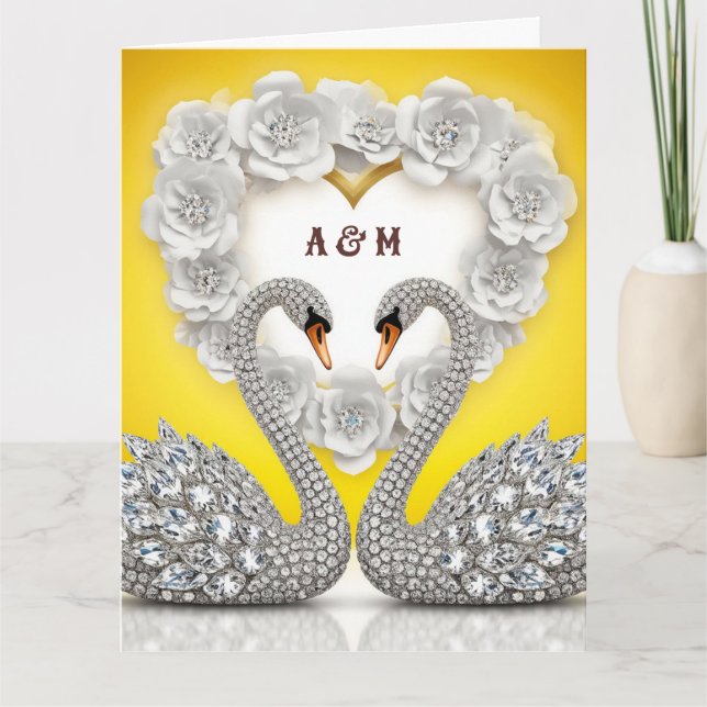 Tarjeta Cisnes Románticos de Cristal de Diamante Escena Cá (Anverso)