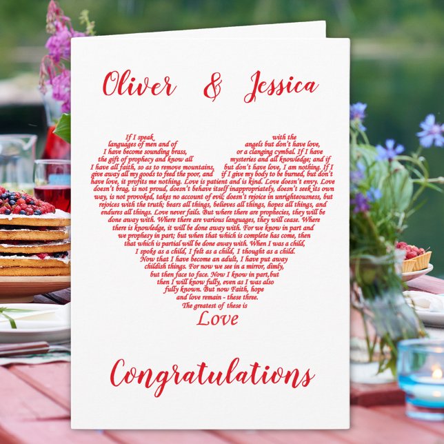 Tarjeta Cita bíblica boda 1 Corinthians 13 Love Heart (1 Corinthians 13 love bible quote personalized wedding congratulations greetings card)