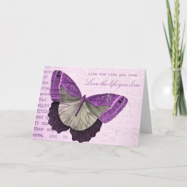 Tarjeta cita inspiradora de mariposa rosa vintage (Anverso)