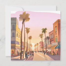 Tarjeta Ciudad Costera de Sunset | Acuarela costera de árb