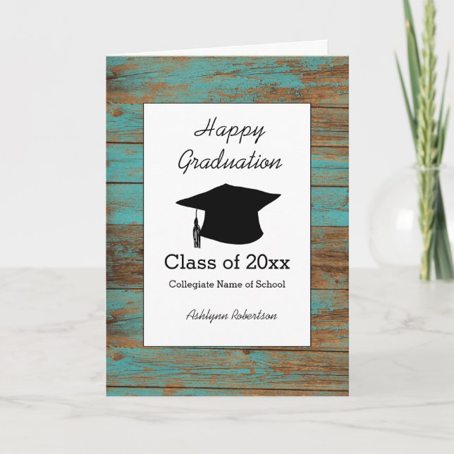 Tarjeta Clase Rustic Verde azulado Wood de 2025 Graduación (Anverso)