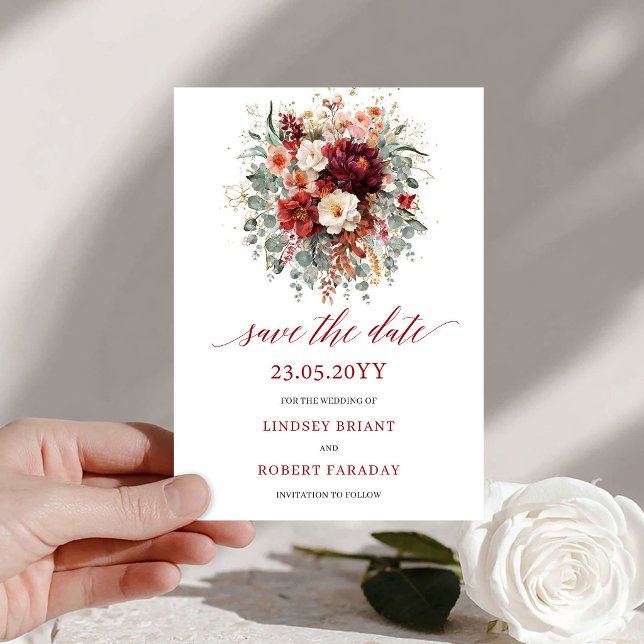 Tarjeta Clásica de Ahorro de Fecha de Otoño con Ro (Classic Deep Red Gold Autumn Save The Date Card

)