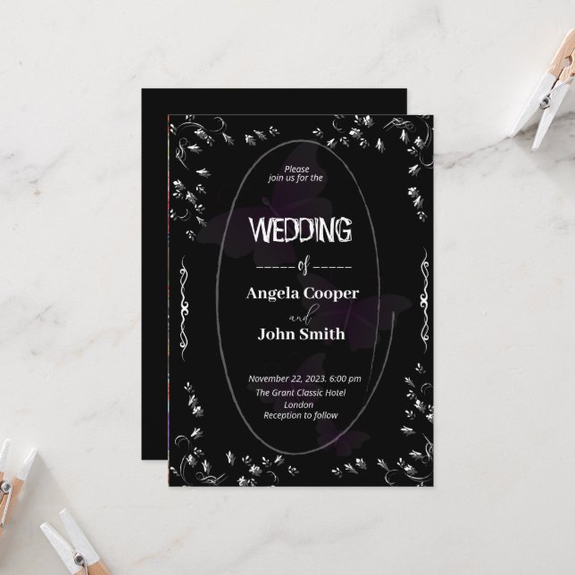 Tarjeta clásica de invitación a la boda en blanco  (Anverso/Reverso In Situ)