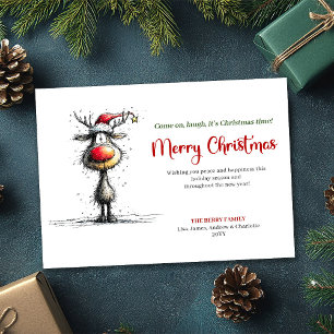 Tarjeta Clásica de Navidad con Reno Caprichoso