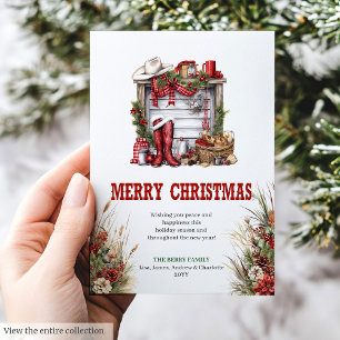 Tarjeta clásica de Navidad ranchera en rojo y verd