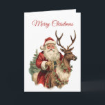 Tarjeta Clásico Santa Claus montando Navidades de renos<br><div class="desc">Navidades con un ilustracion de Navidades divertidos. Santa Claus con su tradicional traje rojo montado en un gran reno encorvado decorado con un hueco. Un árbol de Navidad en la parte de atrás.</div>