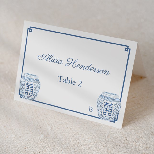 Tarjeta Classic Blue And White Boda Place (Individual place card design featuring dark blue and white ginger jars and greek key pattern)